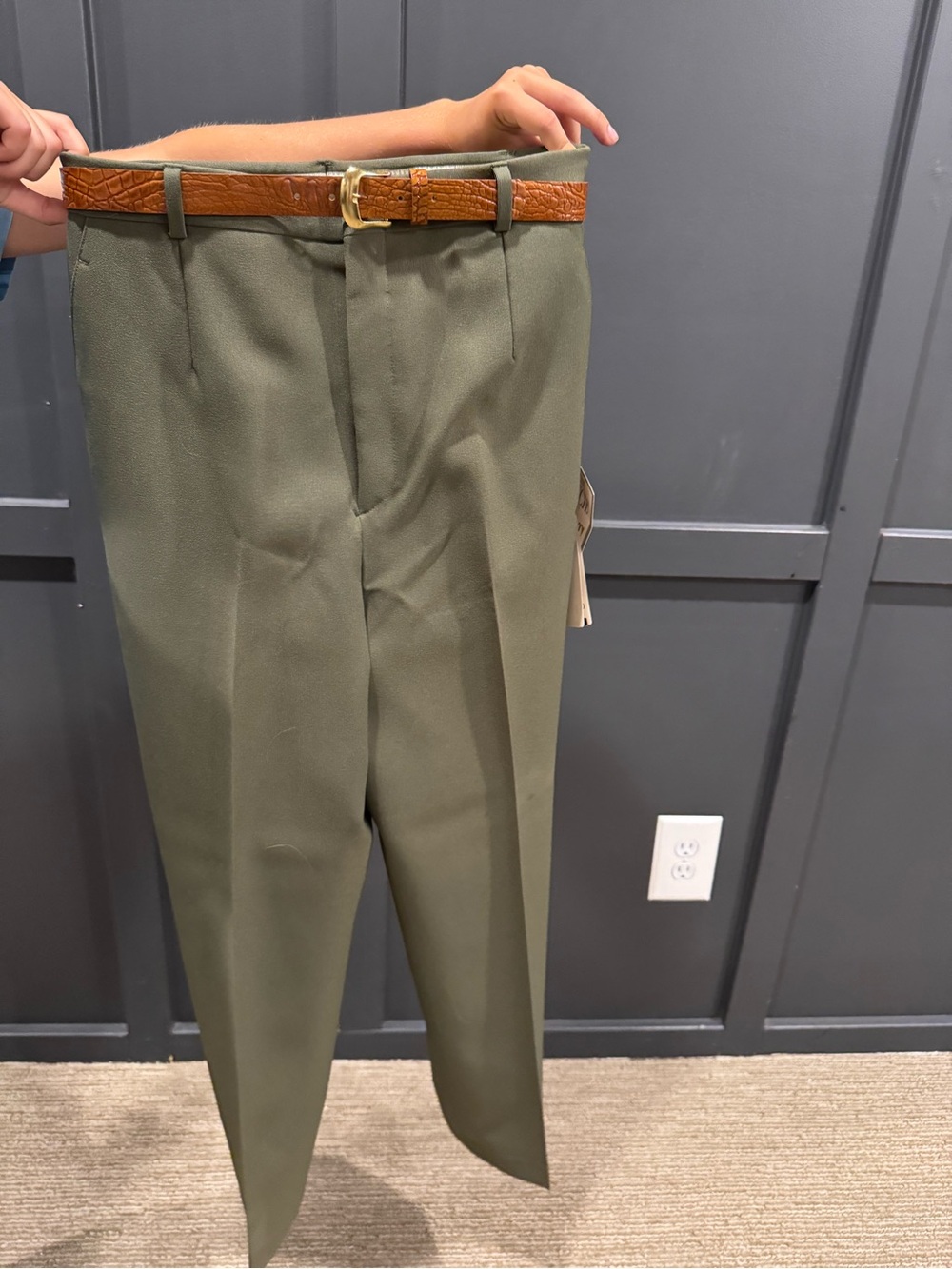 Haggar Olive Green Dress Pants with Brown Belt